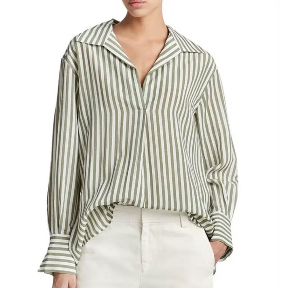 Vince Coast Stripe Oversized Collared Shirt Olive Green Coastal Womens Medium